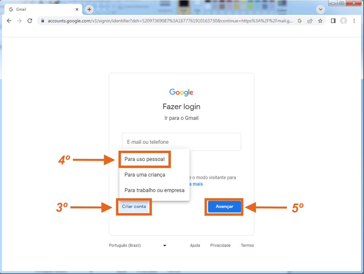 Seleção de Criar conta Google